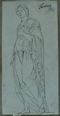 UV-Fluoreszenz-Aufnahme Federzeichnung einer weiblichen stehenden Figur, der Flora Farnese, mit einem Kranz in der Hand