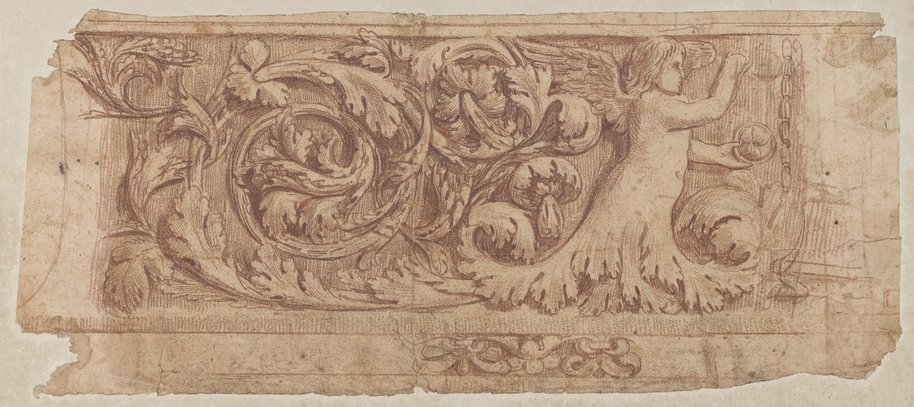 Auflichtaufnahme Rötelzeichnung vom Abschnitt eines Frieses mit Rankeneros vor einem Kandelaber aus den Farnesischen Gärten auf dem Palatin