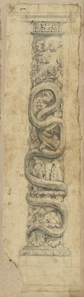 UV false-colour photograph Column with bearded snake, vine and leaf motifs, drawn in black pen
