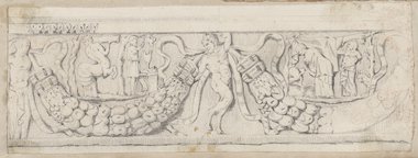 Auflichtaufnahme Schwarze Kreidezeichnung eines Sarkophagreliefs mit Girlanden tragenden Figuren, dazwischen zwei szenische Darstellungen mit mythologischem Figurenpersonal