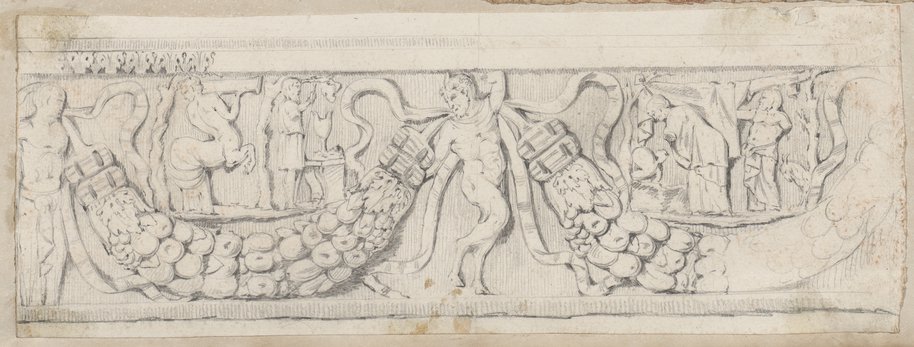 Incident light image. Black chalk drawing of a sarcophagus relief with garland-bearing figures, in between two scenic representations with mythological figures