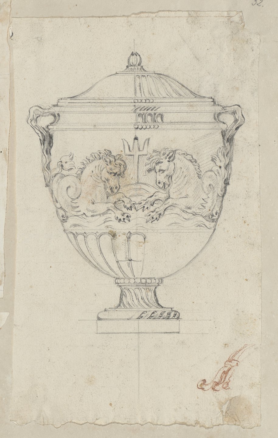 Auflichtaufnahme Frontalansicht einer Vase mit spiegelsymmetrischem Seepferd-Schmuckband mit schwarzer Kreide gezeichnet aus der Sammlung Burghley House