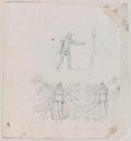 Infrarot-Falschfarben-Aufnahme Kreidezeichnung von zwei Soldaten, darunter Viktorien-Girlanden-Fries mit zwei Viktorienfiguren aus Piranesis Radierung der Marc-Aurel Säule