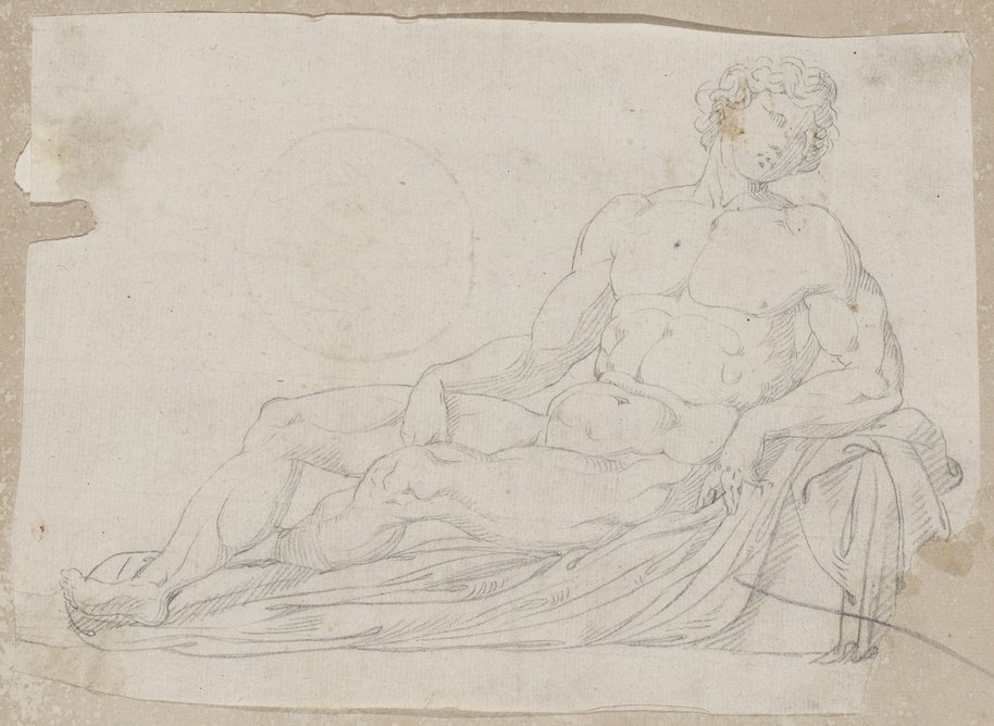 Visible reflectance photograph Drawing in black chalk of a reclining male figure supported on his left arm on a drapery