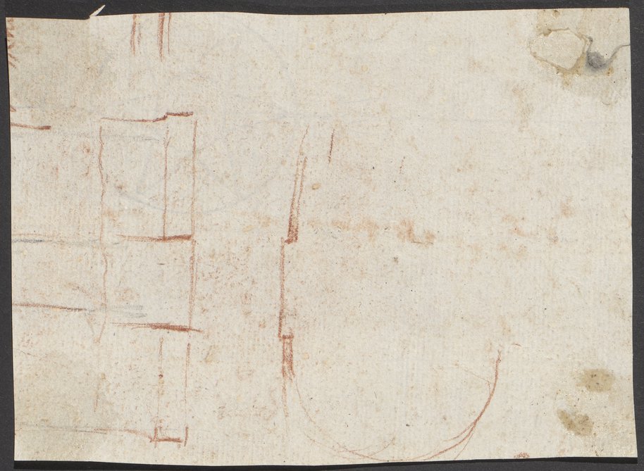 Auflichtaufnahme Fragmente von mit Rötelstift gefertigten Skizzen eines Grund- und Aufrisses