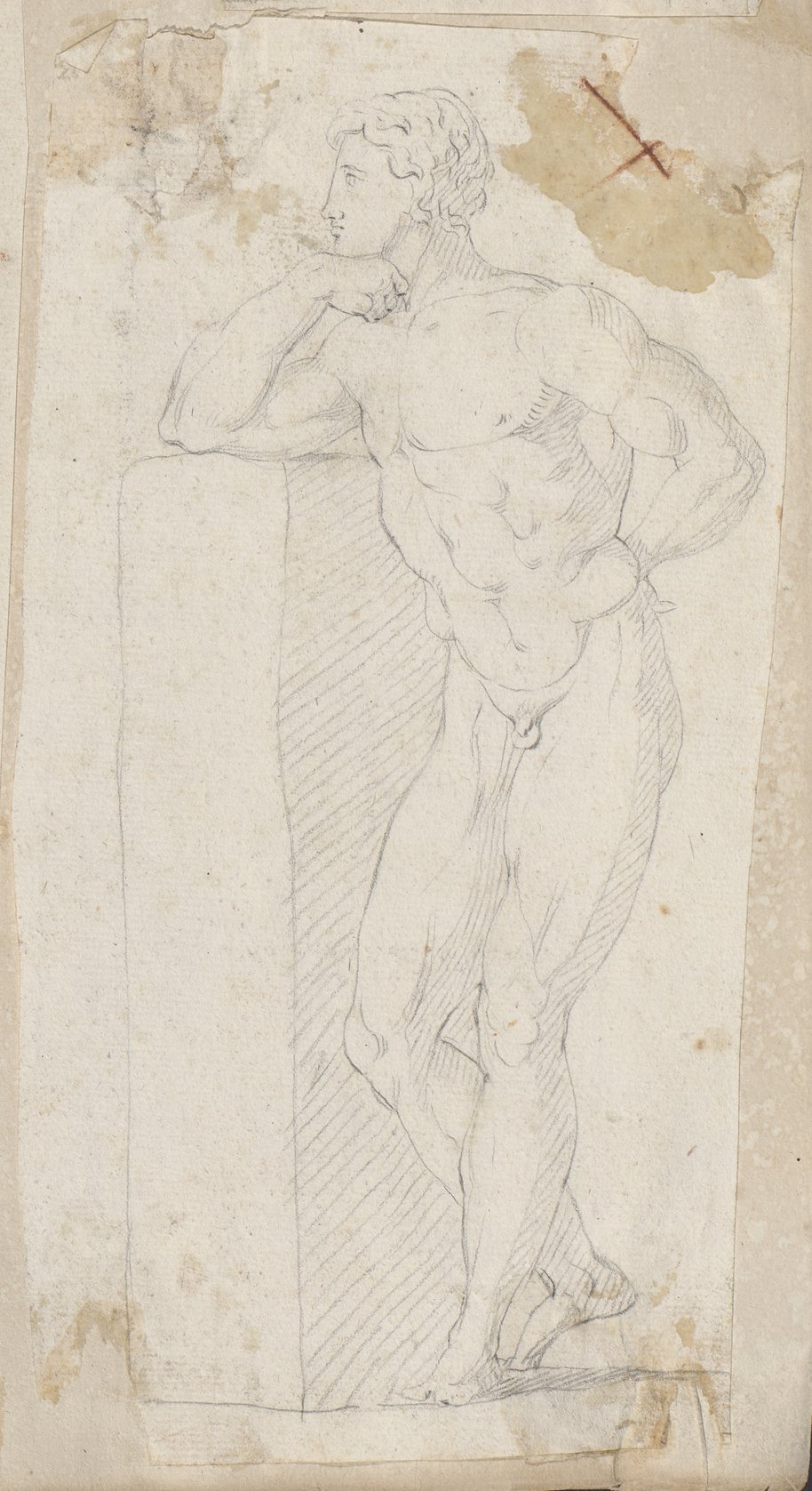 Visible reflectance photograph Chalk drawing of a standing male nude figure with rotated body axis, leaning with the elbow on a rock behind it