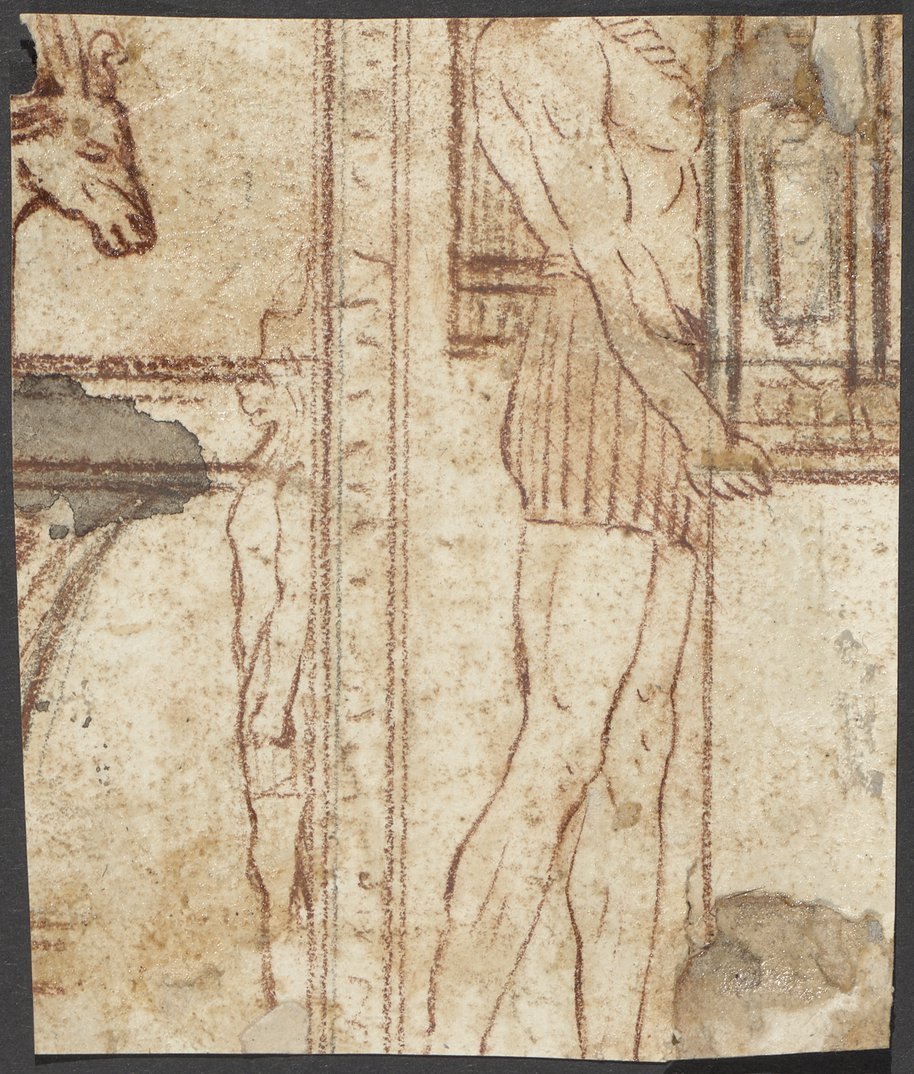 Visible reflectance photograph Fragment of a preliminary drawing with red chalk for a fireplace with Egyptian motifs and an animal head, one full body figure is trimmed