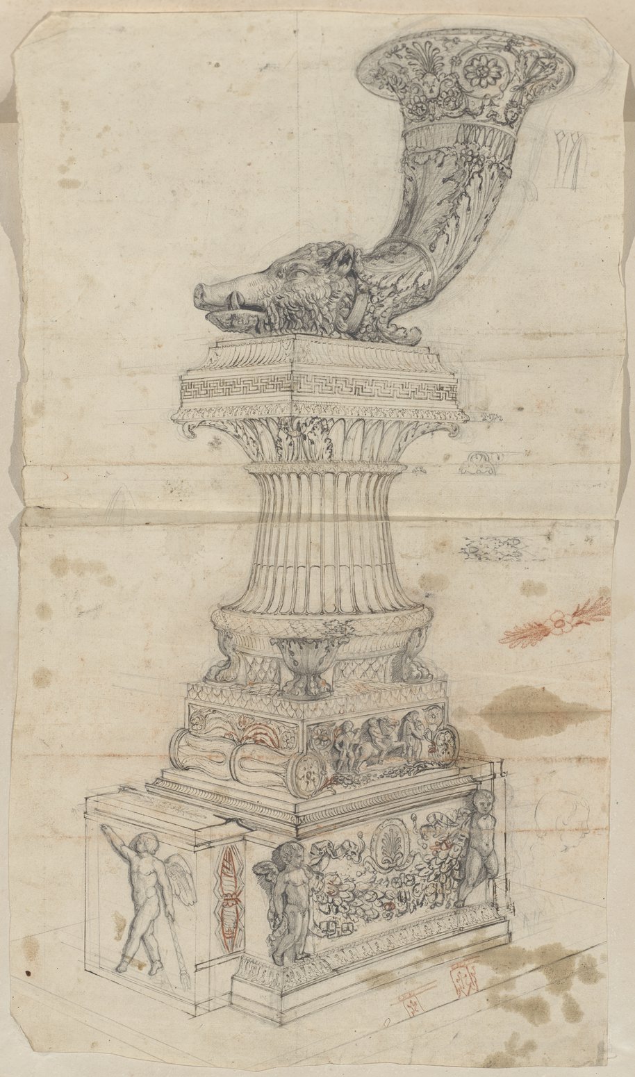 Visible reflectance photograph Pen, chalk and graphite drawing of a Rhyton candelabra with a drinking horn decorated with a boar's head on a tiered, ornamentally designed pedestal