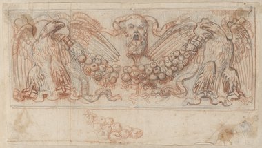 Visible reflectance photograph Red chalk drawing over black chalk preliminary drawing of a relief with a bearded mask and two eagles carrying a garland of fruit, from the garden facade of the Palazzo Barberini