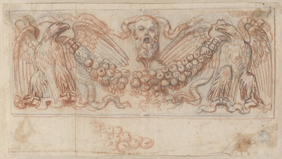 Auflichtaufnahme Rötelzeichnung über schwarzer Kreidevorzeichnung eines Reliefs mit bärtiger Maske und zwei Adlern, die eine Fruchtgirlande tragen aus der Gartenfassade des Palazzo Barberini
