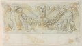 Infrared false-colour photograph Red chalk drawing over black chalk preliminary drawing of a relief with a bearded mask and two eagles carrying a garland of fruit, from the garden facade of the Palazzo Barberini