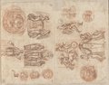 Auflichtaufnahme Kleinteilige Rötelzeichnung mit verschiedenen mythologischen Szenen, Figuren, Köpfe und Ornamente