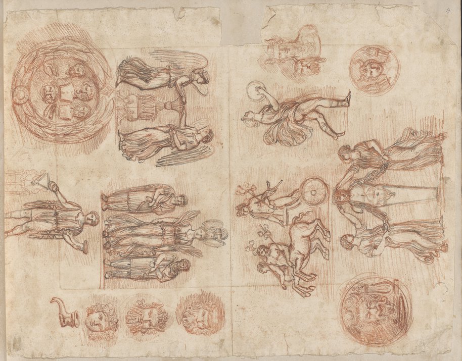 Auflichtaufnahme Kleinteilige Rötelzeichnung mit verschiedenen mythologischen Szenen, Figuren, Köpfe und Ornamente