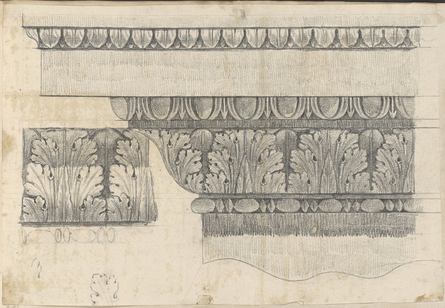 Incident light image. Black chalk drawing of a cornice with acanthus, beaded and egg-and-dart friezes from the base of Trajan's Column