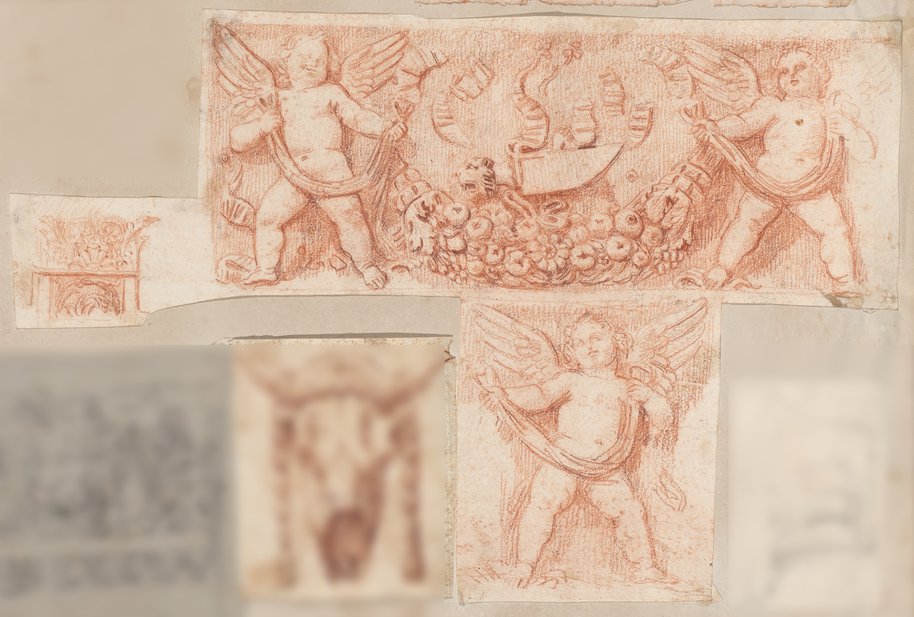 Auflichtaufnahme Relief mit Eroten, Girlande und Opfermesser aus der Gartenfassade des Palazzo Barberini mit Rötel auf passgenau beschnittenes T-förmiges Papierformat gezeichnet