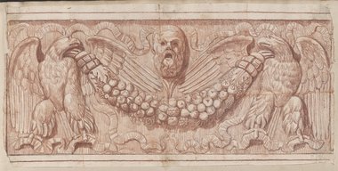 Auflichtaufnahme Rötelzeichnung eines Reliefs mit bärtiger Maske und von zwei Adlern geschulterter Fruchtgirlande aus der Gartenfassade des Palazzo Barberini