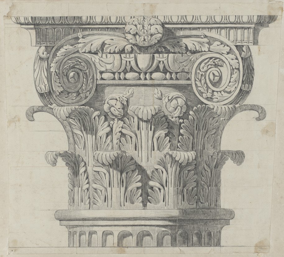 Auflichtaufnahme Detailreiche Kreidezeichnung eines Kompositkapitells aus den Farnesischen Gärten auf dem Palatin
