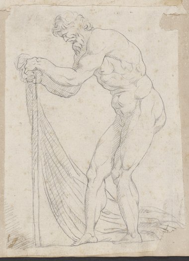 Visible reflectance photograph Profile view of a male nude leaning on a staff, drawn in black chalk