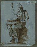 UV fluorescence photograph Light brown washed pen and chalk drawing of the seated female figure of Hygieia with a curled snake on her lap, from the Giustiniani Collection