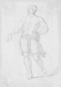 Infrarotreflektografie Schwarze Kreidezeichnung einer männlichen Figur in Frontalansicht, mit schreitender Pose und in die Hüfte gestütztem linken Arm
