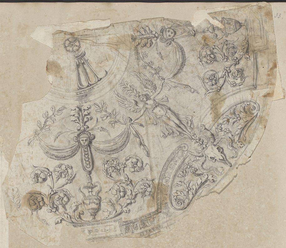Visible reflectance photograph Chalk and graphite drawing of a quarter circle piece with Victories, Bucrania and vine decorations from the stucco ceiling in the staircase of the Palazzo dei Conservatori