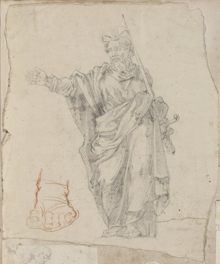 Visible reflectance photograph Chalk drawing of the bearded male figure of Paul with his right arm outstretched in a gesture of blessing and a sword in his left hand, from the Column of Marcus Aurelius. To the left is a red chalk drawing of a foot in a san